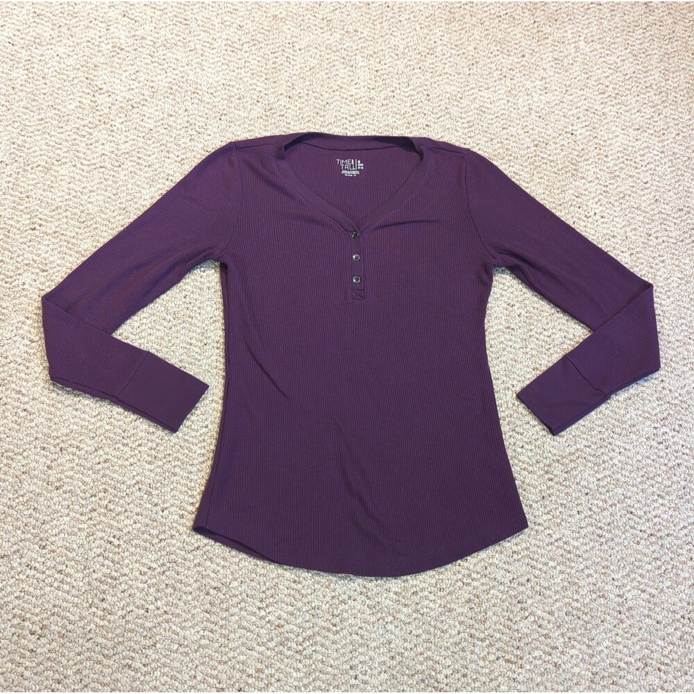 Time And Tru Henley Waffle Knit Thermal Top Shirt Womens S Plum Purple V Neck